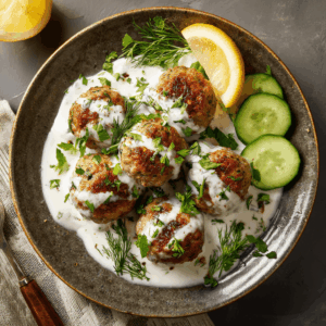 Sappige Griekse gehaktballetjes met romige yoghurt saus. Een gezond, eiwitrijk Mediterraan recept boordevol kruiden, smaak en frisheid.