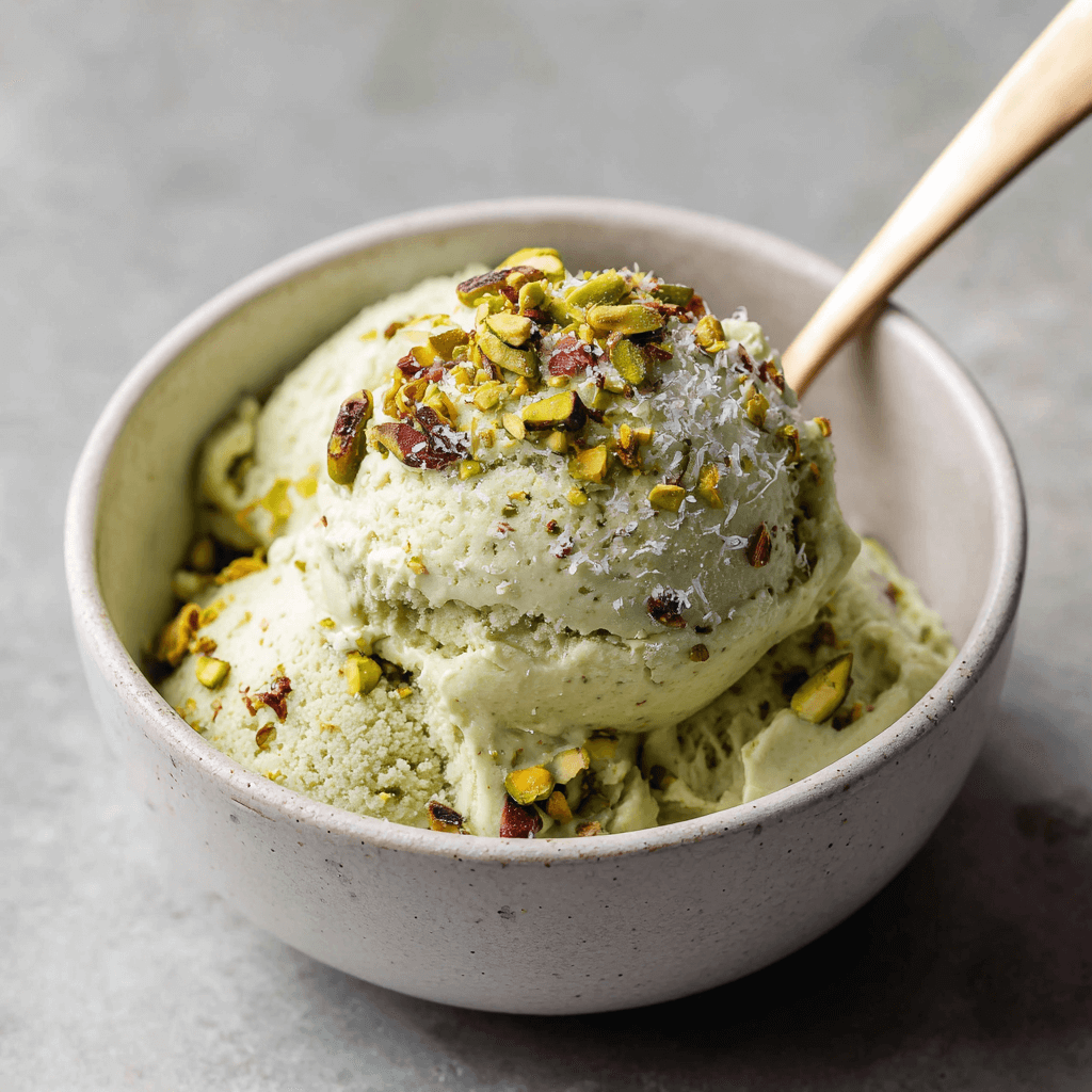 Romig en nootachtig Keto Pistache Kokos IJs met kokos en pistache, snel in te vriezen en perfect als verfrissend koolhydraatarm dessert.