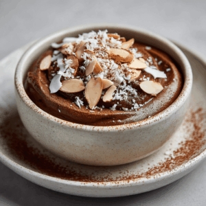 Romige en chocoladeachtige Keto Cacao Amandelcrème met kokos en cacao, snel te bereiden en ideaal als rijk koolhydraatarm dessert.