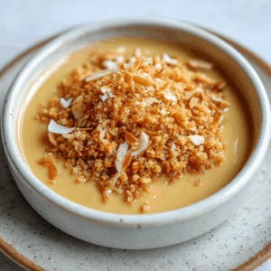 Warm en romig Keto Kokos Karamel Crumble met een goudbruine, glutenvrije topping, ideaal voor een gezellig koolhydraatarm dessert.