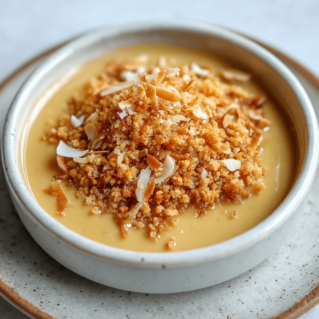 Warm en romig Keto Kokos Karamel Crumble met een goudbruine, glutenvrije topping, ideaal voor een gezellig koolhydraatarm dessert.