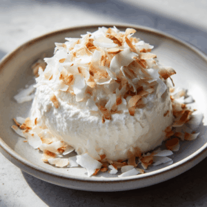 Koele en romige Keto Coconut Frost Cream met een subtiele kokosstructuur, perfect als snel en verfrissend koolhydraatarm dessert.
