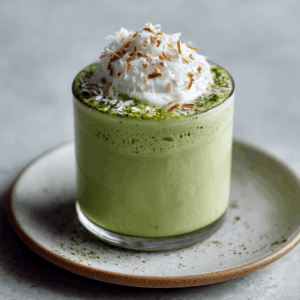 Romige en verfrissende Keto Matcha Kokosshake met kokos en aardse matcha, ideaal als snelle koolhydraatarme drank.