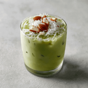 Romige en verfrissende Keto Vanille IJsmatcha met kokos en zachte vanilletonen, ideaal voor een koel en energiek koolhydraatarm drankje.