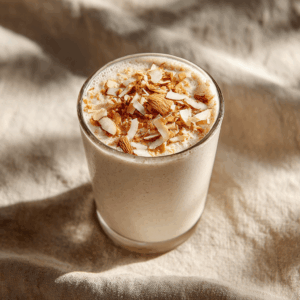 Romige en gladde Keto Kokos Amandel Smoothie met amandelboter en kokos, perfect voor een snelle en verfrissende low carb traktatie.