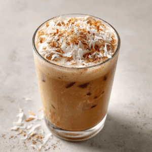 Koele en romige Keto Iced Coconut Latte met zachte koffie- en kokossmaken, perfect voor een verfrissend koolhydraatarm drankje.