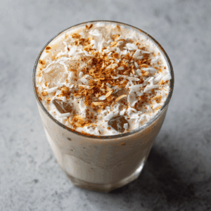 Romige en verfrissende Keto Kokos-Kaneel Verfrisser met warme kaneel en zachte kokos, perfect als lichte koolhydraatarme drank.