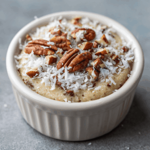 Smeuïge en nootachtige Keto Kokos-Pecannotentaart met pecannoten en kokos, perfect als gezellig en troostend koolhydraatarm dessert.