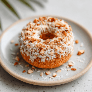 Zachte en gezellige Keto Amandel-Kokos Donut met amandelpasta en kokos, perfect als een romige en troostende koolhydraatarme traktatie.