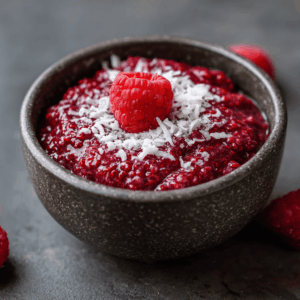 Frisse en levendige Keto Frambozen Chia Gel met heldere bessensmaak en zachte chia-textuur, perfect voor een lichte koolhydraatarme dessert.
