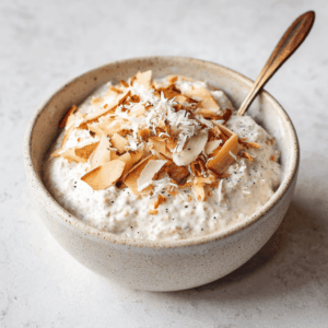 Romige en rustgevende Keto Vanille Chia Kokos Bowl met warme vanille en zachte kokos, perfect voor een lichte low carb traktatie.