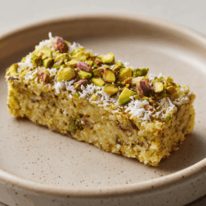 Zachte en nootachtige Keto Kokos Pistache Repen met romige kokos en pistachesmaak, perfect voor een rijke low carb traktatie.