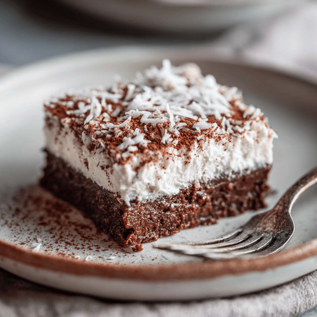 Rijk en romig Keto Chocolade Kokos Plakje met een romige chocoladebasis en een zoete kokoslaag, perfect als koolhydraatarme traktatie.