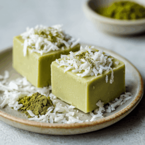 Romige en rustgevende Keto Kokos Matcha Fudge met aardse matchasmaak en rijke kokos, perfect voor een kalmerende koolhydraatarme traktatie.