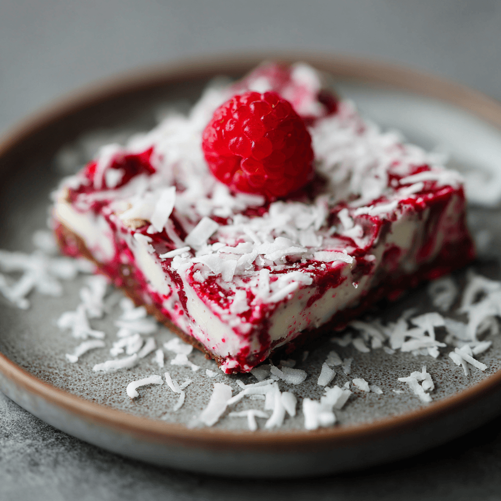 Kleurrijke en romige keto framboos-kokos reep met frisse bessenswirls en een zachte kokosbasis, perfect als verfrissende koolhydraatarme traktatie.