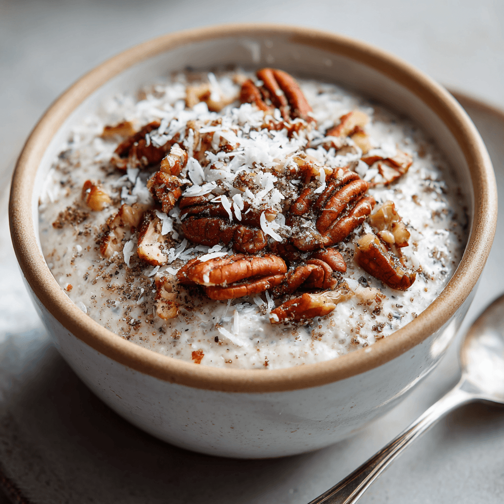 Romige keto kokos-pecan pudding met een nootachtige crunch, natuurlijk zoet, koolhydraatarm en snel te maken voor een comfortabel en indulgent dessert.