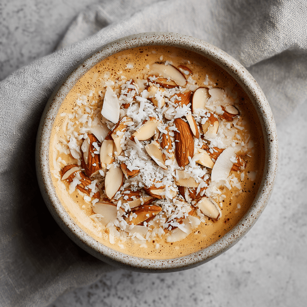 Romige keto amandel-vanille latte kom, koolhydraatarm, snel te maken, rijk aan gezonde vetten en perfect voor een cozy ochtend of als verwenmoment in de middag.