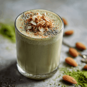 Romige keto matcha amandel chia shake, koolhydraatarm, snel te maken, energiek en verwennerij met matcha, amandelen en kokos voor een verfrissende boost.