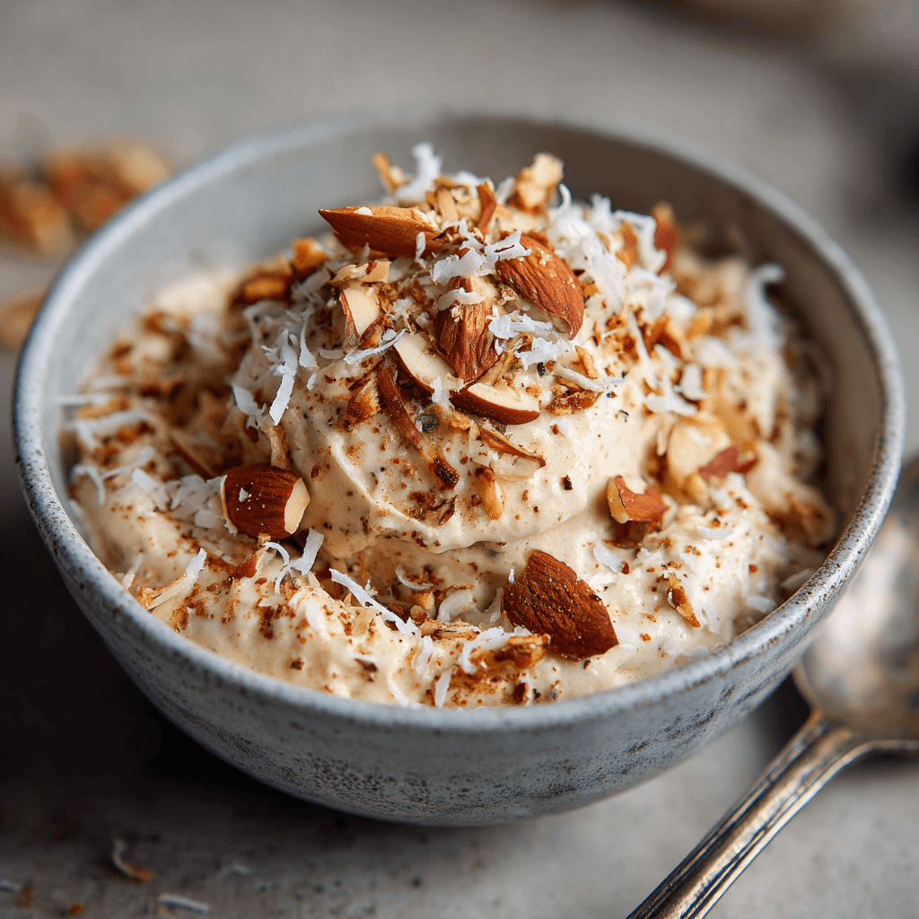 Romig keto amandel-kruidenijs, koolhydraatarm en rijk van smaak, met verwarmende kaneel en nootmuskaat. Snel te maken en perfect als gezellig verwenmoment.