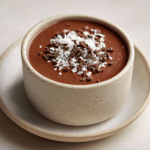 Zijdezachte keto chocolade-kokosfluweelcup, koolhydraatarm en romig, met cacao en kokos. Snel te maken en perfect als rijk en verwennerij-dessert.