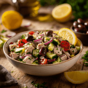 Lichte, eiwitrijke Mediterrane tonijnsalade met olijfolie, citroen en verse groenten. Glutenvrij, hart-gezond en vol frisse mediterrane smaken.