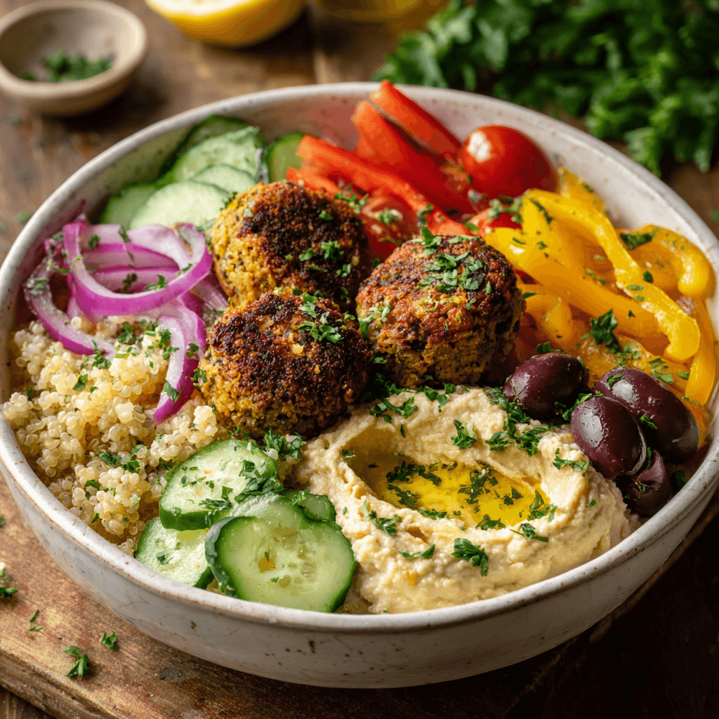 Kleurrijke mediterrane falafel bowl met hummus, quinoa en verse groenten. Vegan, vezelrijk en vol smaak, perfect voor een gezonde en voedzame maaltijd.
