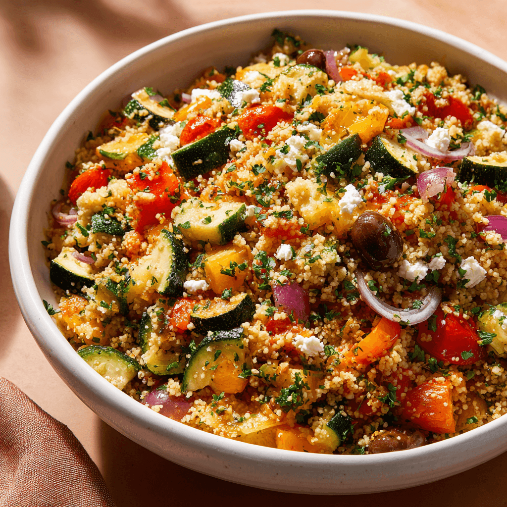 Kleurrijke mediterrane couscous met geroosterde groenten, olijfolie, citroen en kruiden. Vegetarisch, vezelrijk en vol smaak en frisheid.
