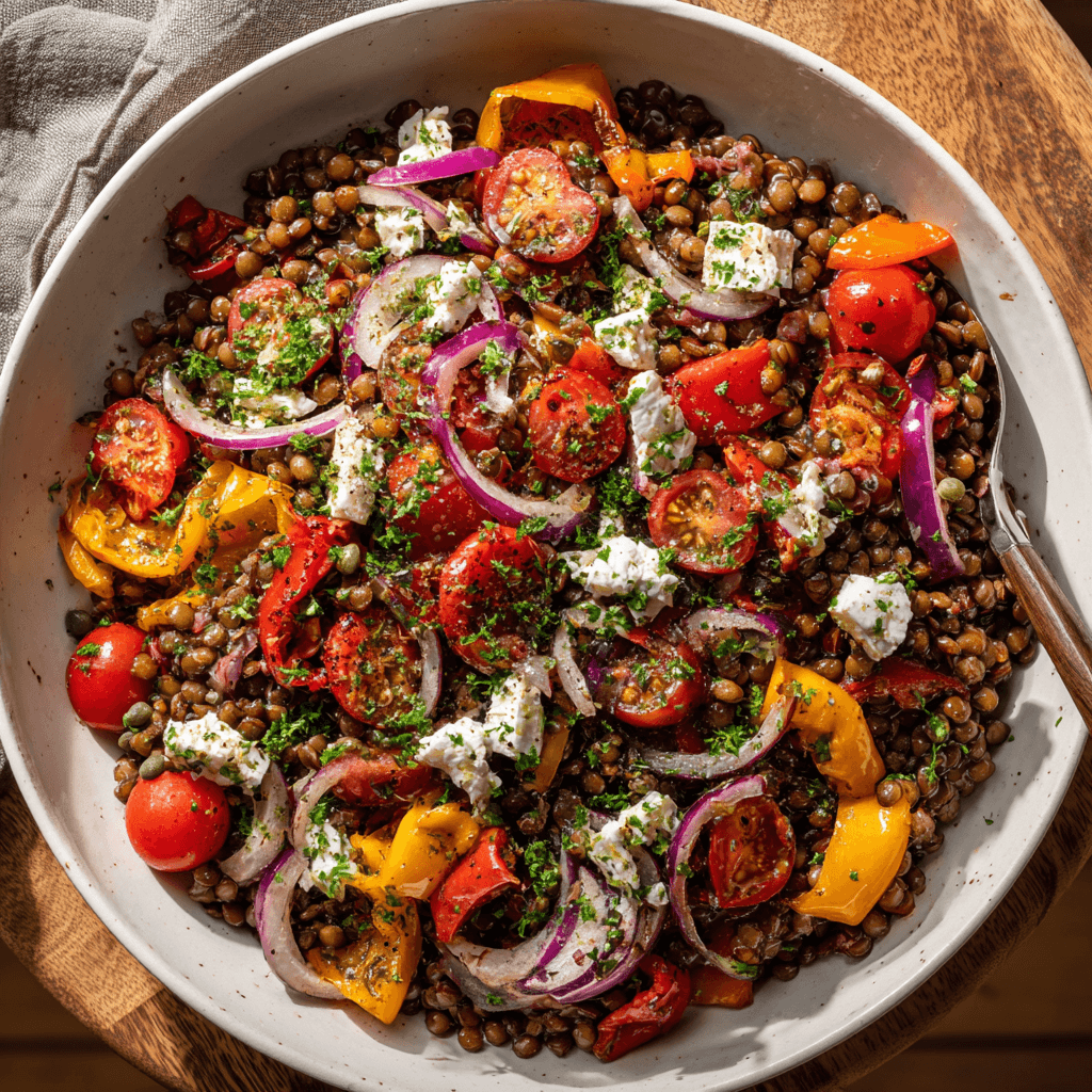 Linzensalade met geroosterde paprika