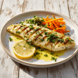 Mediterrane gegrilde zeebaars met citroen en kruiden – een licht, eiwitrijk en hartgezond gerecht vol frisse smaken en klassieke mediterrane invloeden.