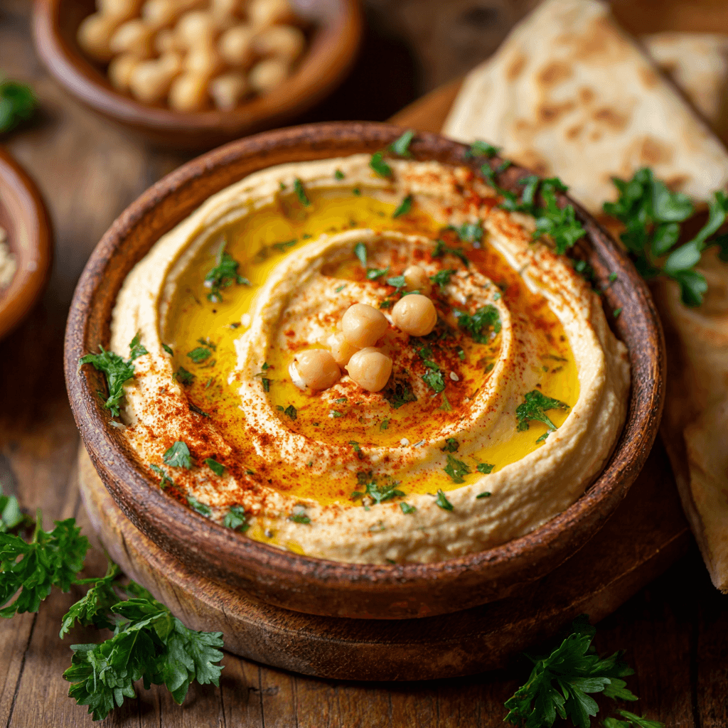 Hummus met olijfolie en paprikapoeder