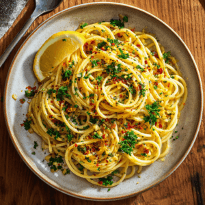 Mediterrane spaghetti met olijfolie, knoflook en chili, een eenvoudige, hart-gezonde pasta vol smaak, frisheid en mediterrane charme.