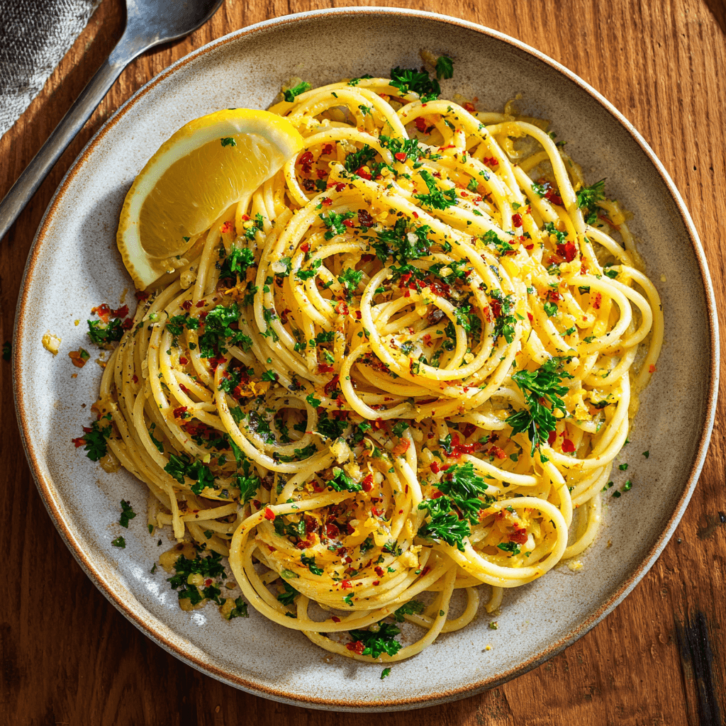 Mediterrane spaghetti met olijfolie, knoflook en chili, een eenvoudige, hart-gezonde pasta vol smaak, frisheid en mediterrane charme.