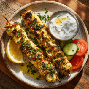 Mediterrane gegrilde kipspiesen, sappige kip gemarineerd met citroen, olijfolie en knoflook. Eiwitrijk, gezond en vol mediterrane smaak.