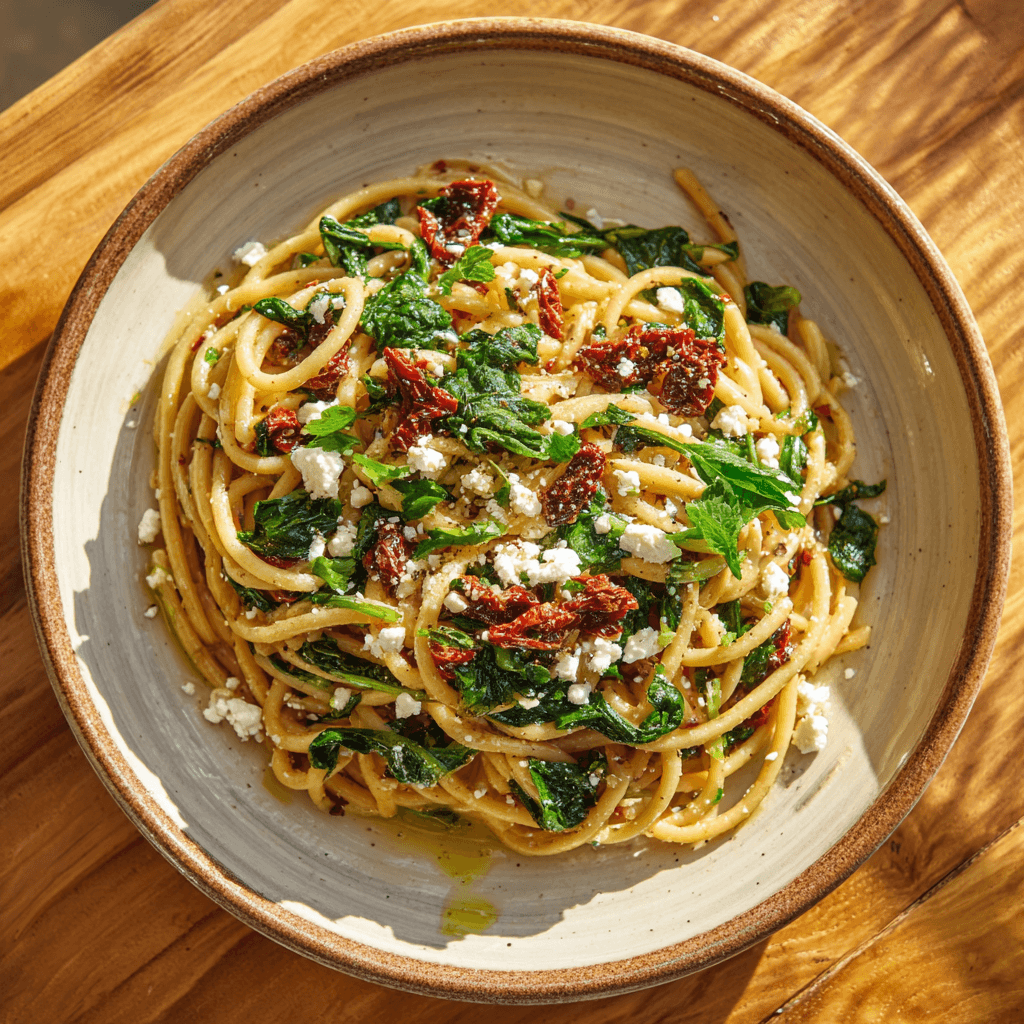 Pasta met zongedroogde tomaten en spinazie