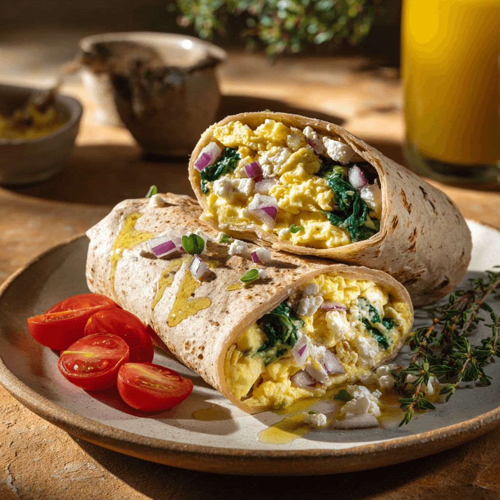 Een voedzame Mediterrane Ontbijtwrap met Spinazie en Feta, rijk aan eiwitten, hartvriendelijk en vol frisse, hartige smaak – perfect voor een ontbijt onderweg.