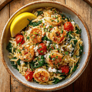 Mediterrane orzo met garnalen en spinazie, een licht en eiwitrijk gerecht met knoflook, citroen en olijfolie. Snel, gezond en vol smaak.