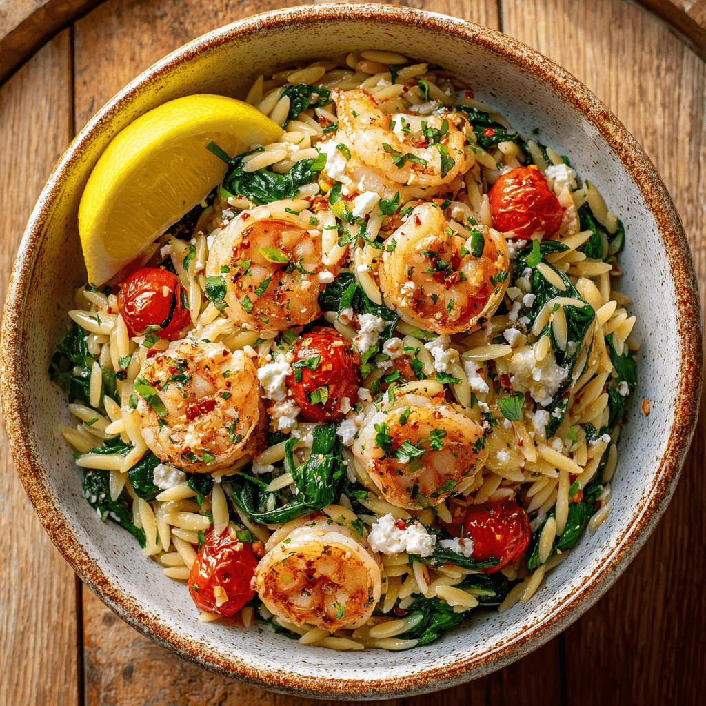 Orzo met garnalen en spinazie