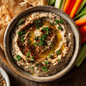 Mediterrane baba ganoush, romige geroosterde auberginedip met tahin, citroen en olijfolie. Rokerig, vegan en hart-gezond, perfect voor mezzeplanken of als snack.