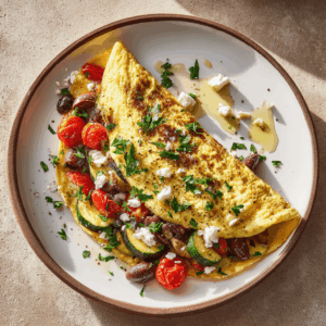 Een luchtige Mediterrane groente-omelet met verse groenten, feta en olijven – een gezonde, kleurrijke en eiwitrijke maaltijd voor elk moment van de dag.