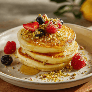 Luchtige mediterrane ricottapannenkoekjes met citroen en honing – eiwitrijk, natuurlijk zoet en licht voor een gezond en hartvriendelijk ontbijt.