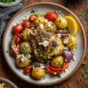 Mediterrane Griekse kip-aardappelschotel uit de oven met kruiden, groenten en feta. Eiwitrijk, hartgezond en vol Griekse smaken.