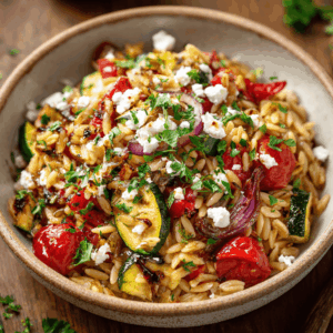 Mediterrane orzo met feta en geroosterde groenten, een frisse en kleurrijke maaltijd met olijfolie, kruiden en groenten. Gezond, smaakvol en hartvriendelijk.