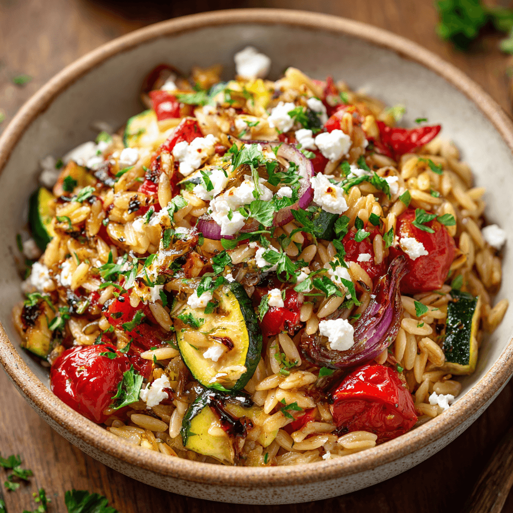 Orzo met feta en geroosterde groenten