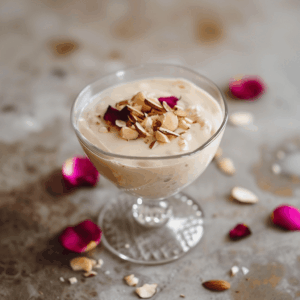 Rozenwaterpudding met amandelen, een licht mediterraan dessert met honing, melk en rozenwater. Zacht, bloemig en natuurlijk gezoet.