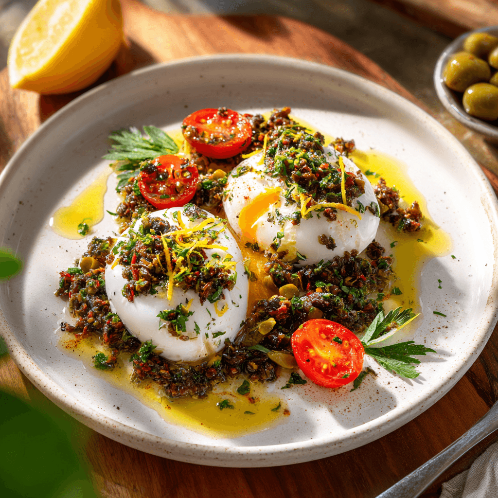 Gepocheerde Eieren met Olijventapenade