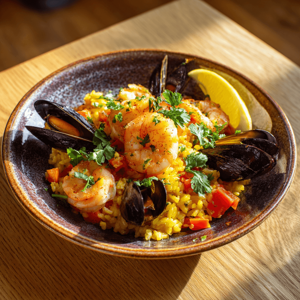 Mediterrane paella met garnalen en mosselen