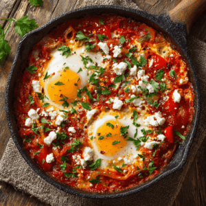 Een smaakvolle mediterrane shakshuka met gepocheerde eieren in kruidige tomatensaus – gezond, verwarmend en perfect voor elk moment van de dag.