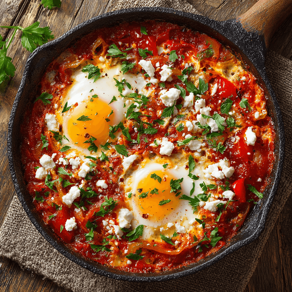 Een smaakvolle mediterrane shakshuka met gepocheerde eieren in kruidige tomatensaus – gezond, verwarmend en perfect voor elk moment van de dag.