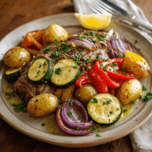 Mediterrane geroosterde lamsbout met groenten, mals lamsvlees met kruiden, aardappelen en groenten uit de oven. Een voedzame, eiwitrijke en smaakvolle mediterrane maaltijd.