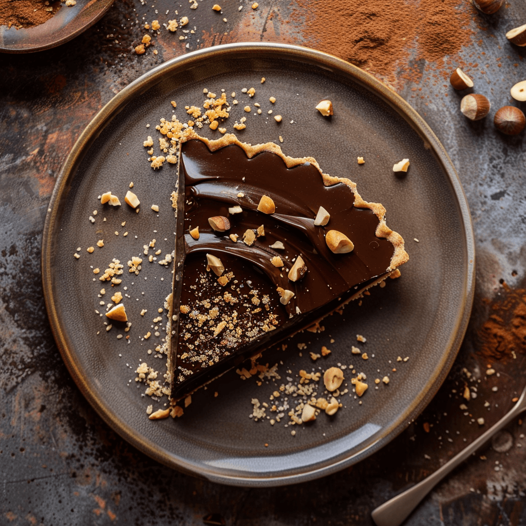 Een zijdezachte chocolade-hazelnoottaart met hazelnoot-amandelbodem. Natuurlijk gezoet, mediterraan geïnspireerd, rijk van smaak en eenvoudig te maken.